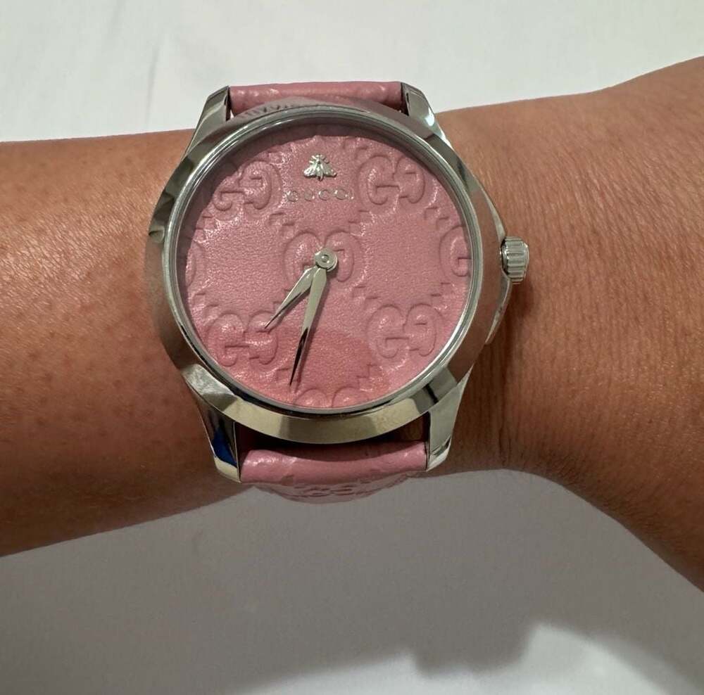 Gucci G-Timeless YA1264030 Pink Dial Leather Strap Watch